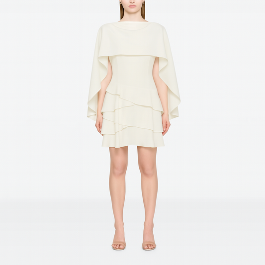 Alouette White Satin Shawl Panel Mini Ruffled Dress