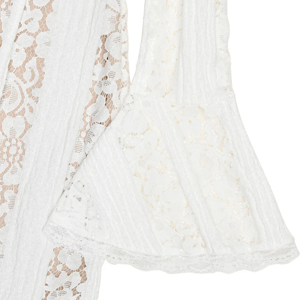 Close-up of a white lace garment with intricate patterns.