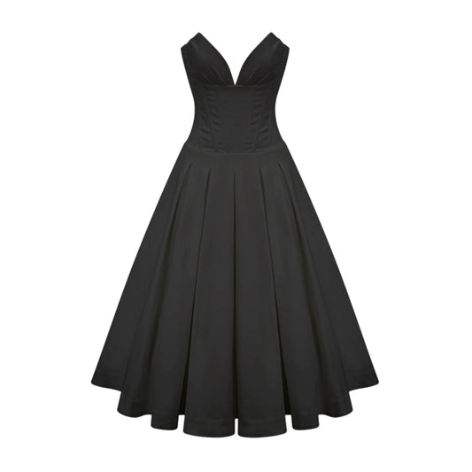 Valentina Black Off-Shoulder Corset Midi Dress