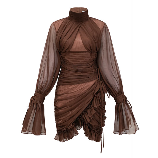 Brume de Café Brown Ruched Tulle Mini Dress