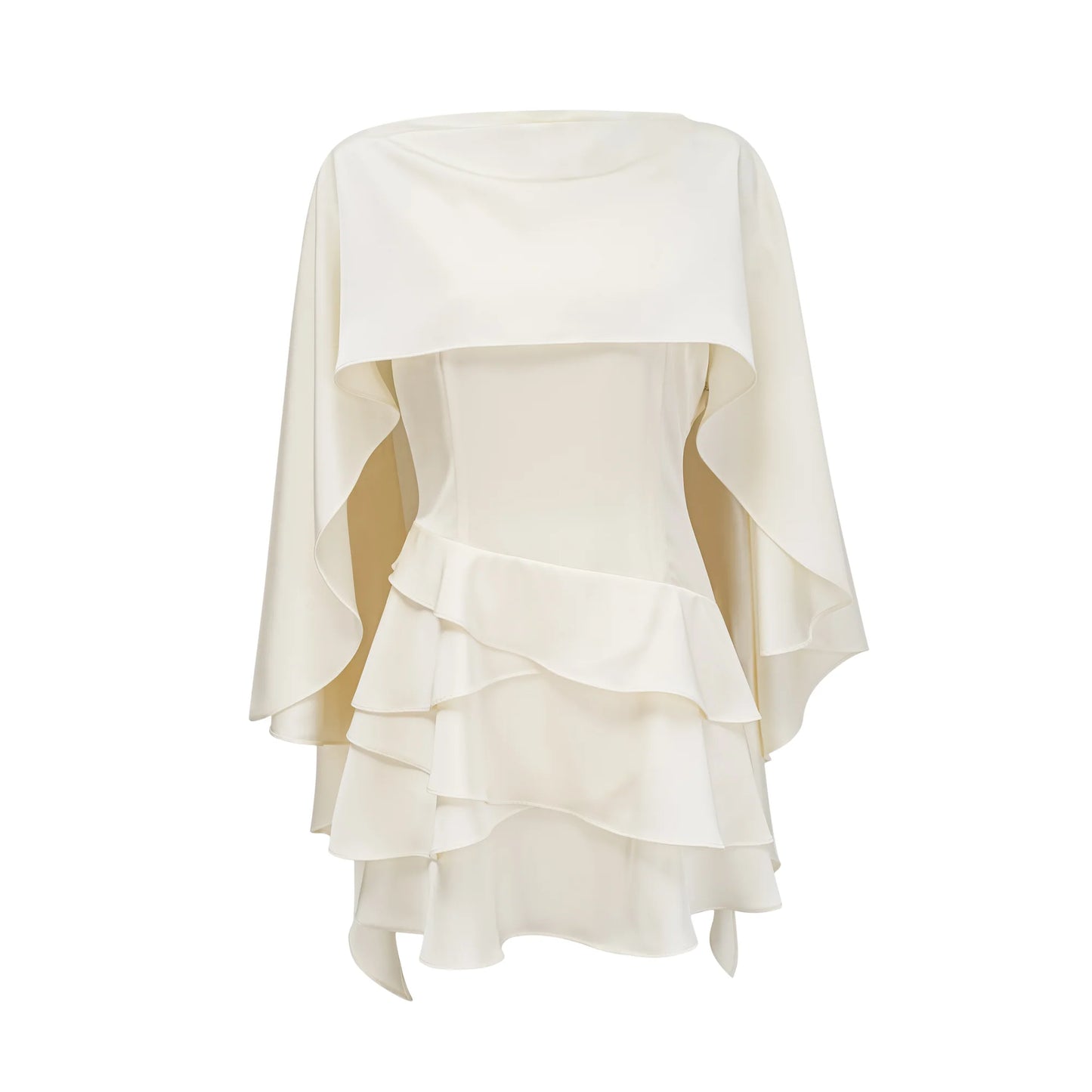 Alouette White Satin Shawl Panel Mini Ruffled Dress