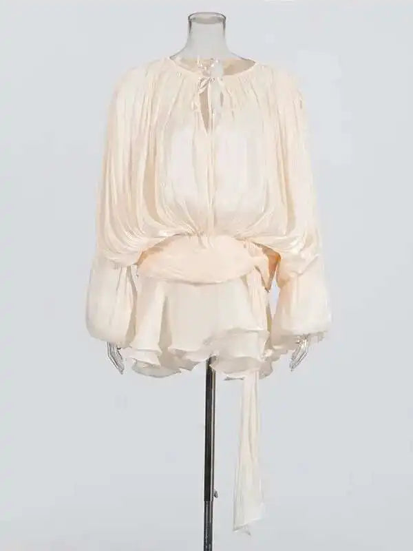 Solid Blouse Mini Dresses for Women V Neck Long Sleeve Spliced Lace up Sweet Style Dress Female Clothing Fashion