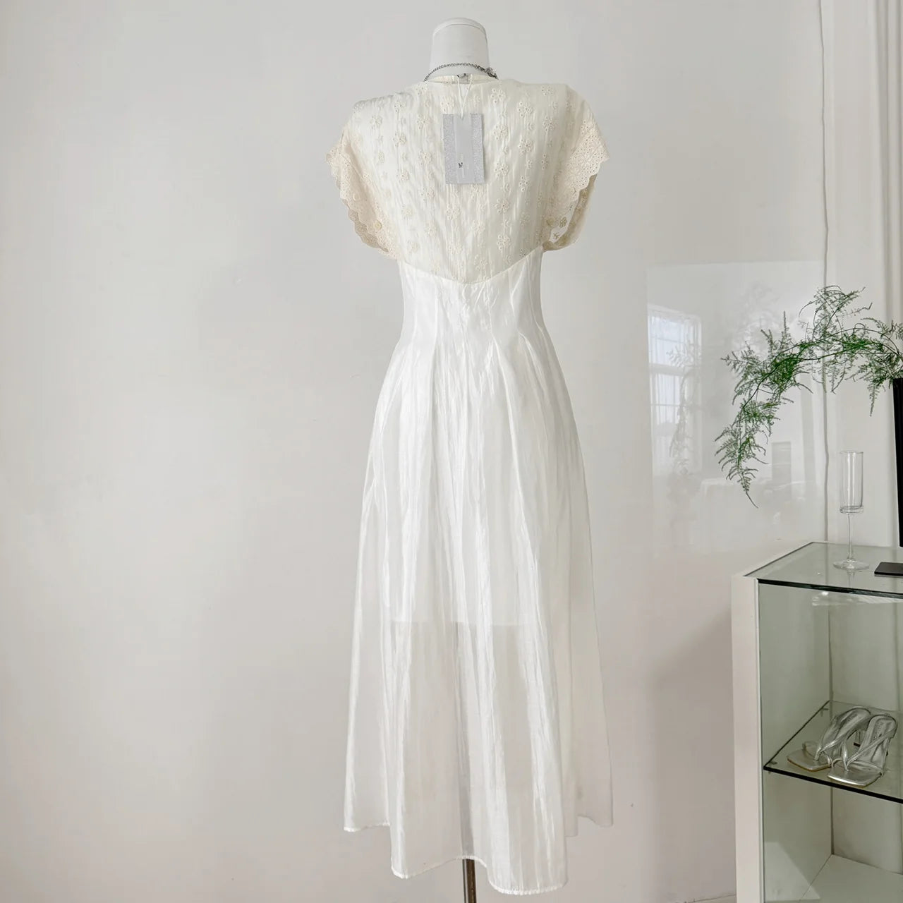  Beige Lace V Neck Long Dress 