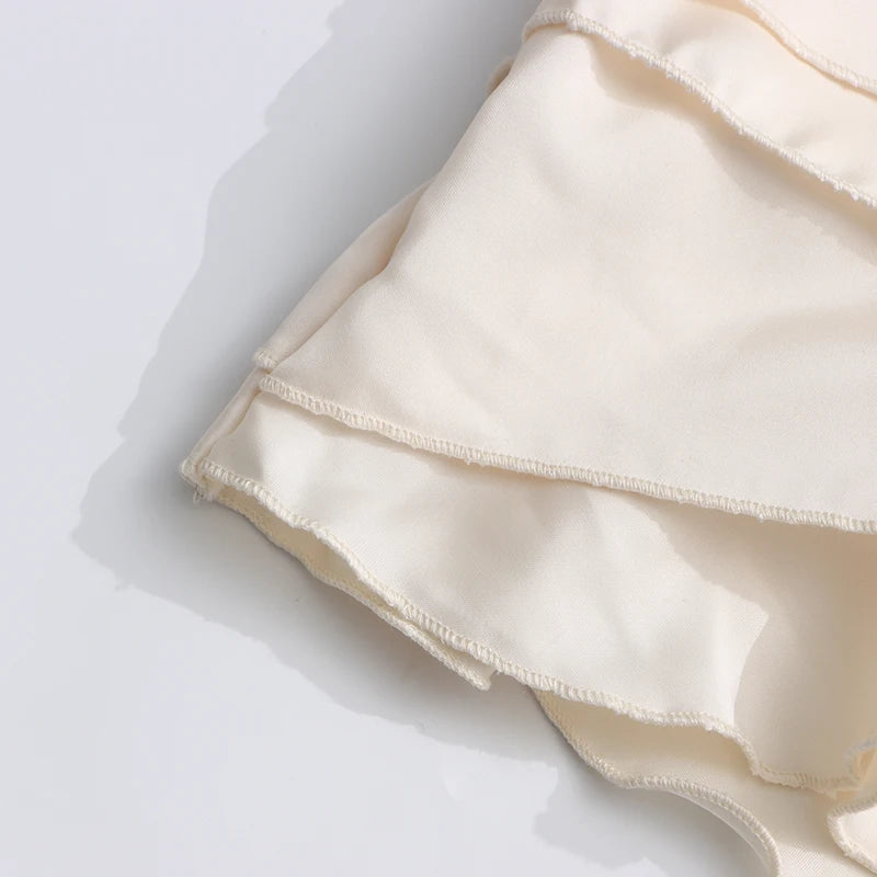 Alouette White Satin Shawl Panel Mini Ruffled Dress