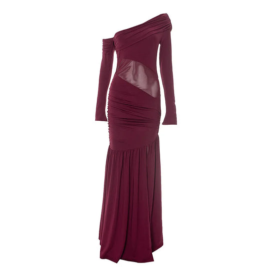 Velours Solaire One-Shoulder Maxi Dress (Burgundy, Black)