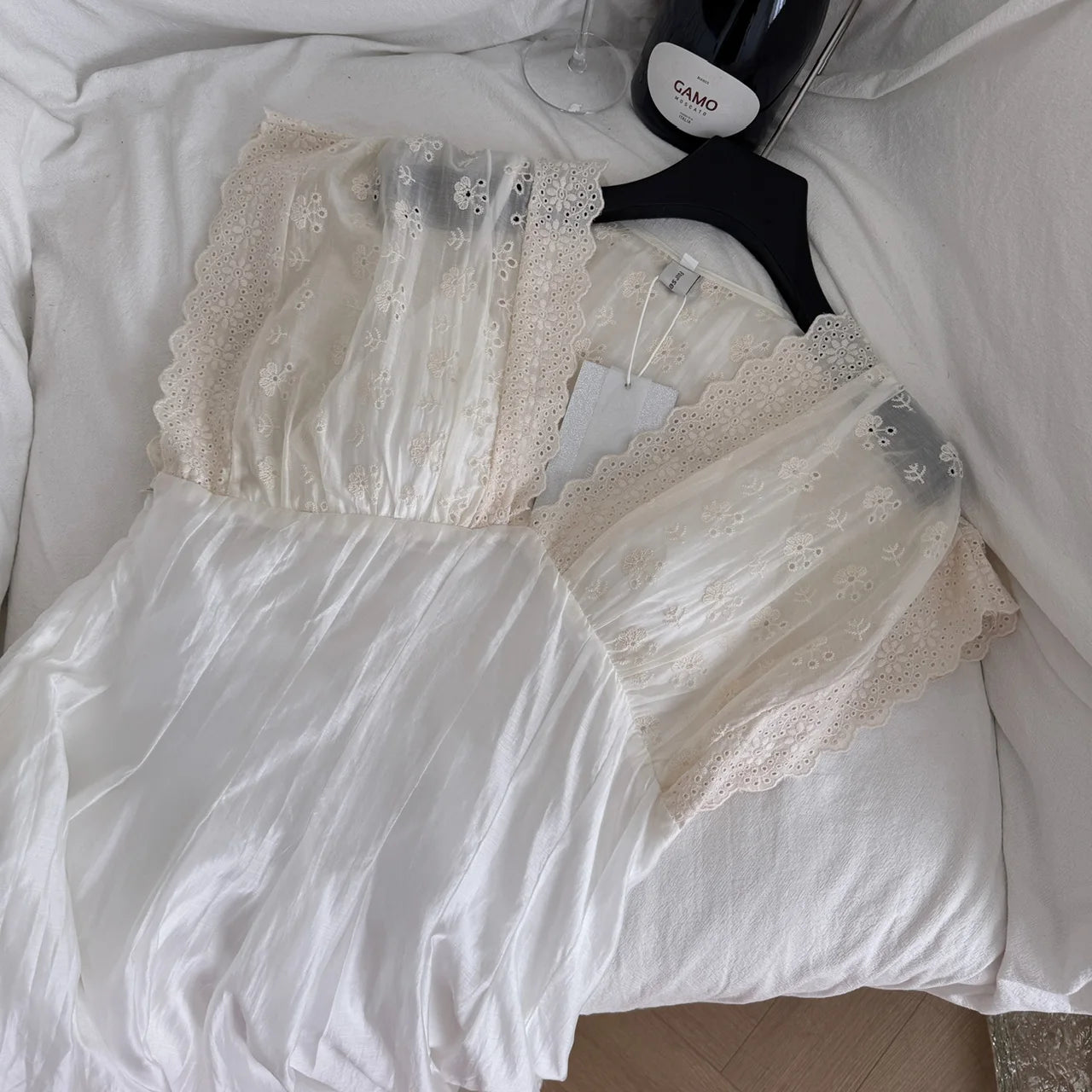  Beige Lace V Neck Long Dress 