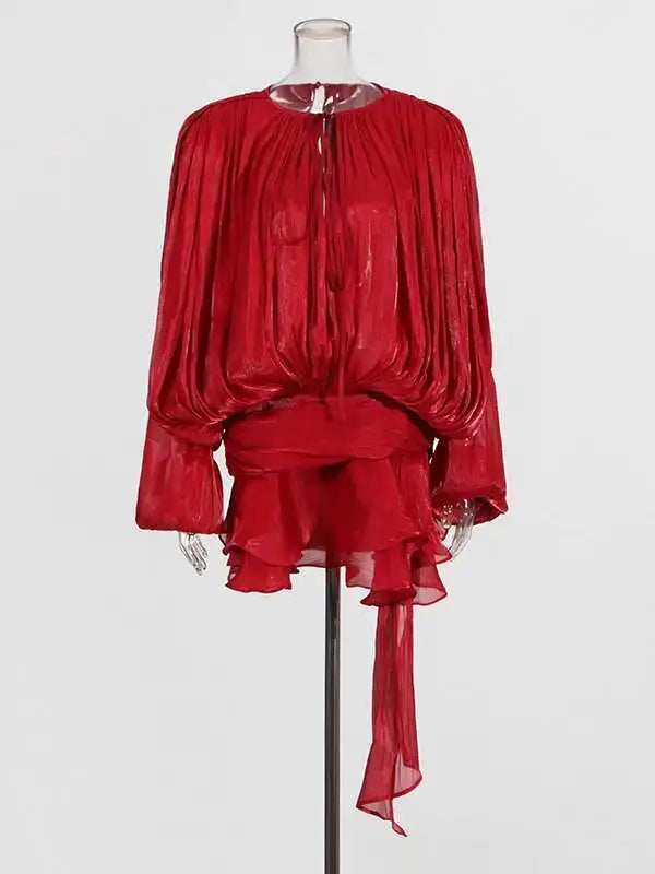 Solid Blouse Mini Dresses for Women V Neck Long Sleeve Spliced Lace up Sweet Style Dress Female Clothing Fashion