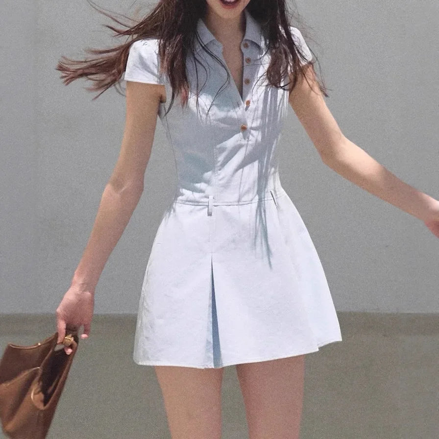 V-Neck Polo Waist-Cinching A- Line Short Skirt Cotton Short Sleeve Dress