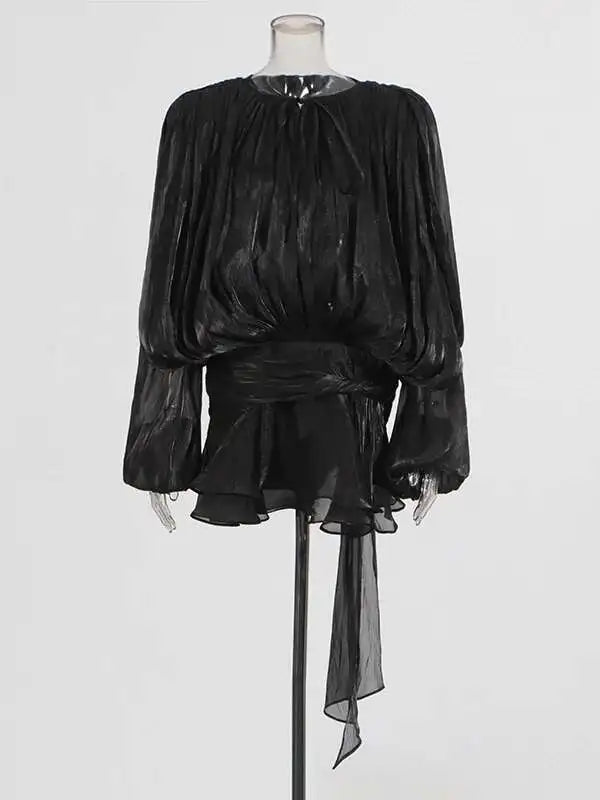 Solid Blouse Mini Dresses for Women V Neck Long Sleeve Spliced Lace up Sweet Style Dress Female Clothing Fashion