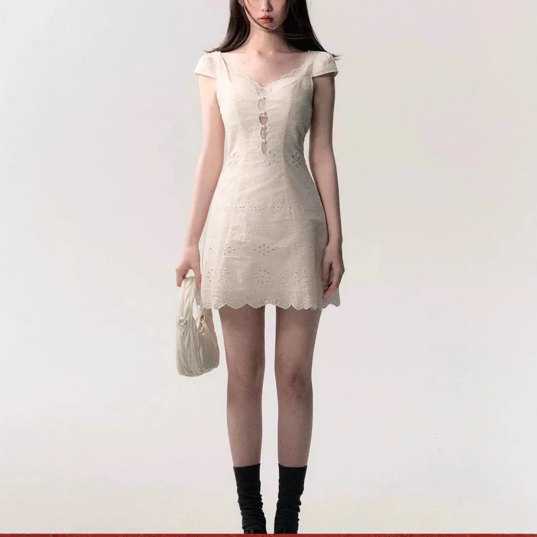 Beige Lace Pointelle Slimming V-Neck Mini Dress