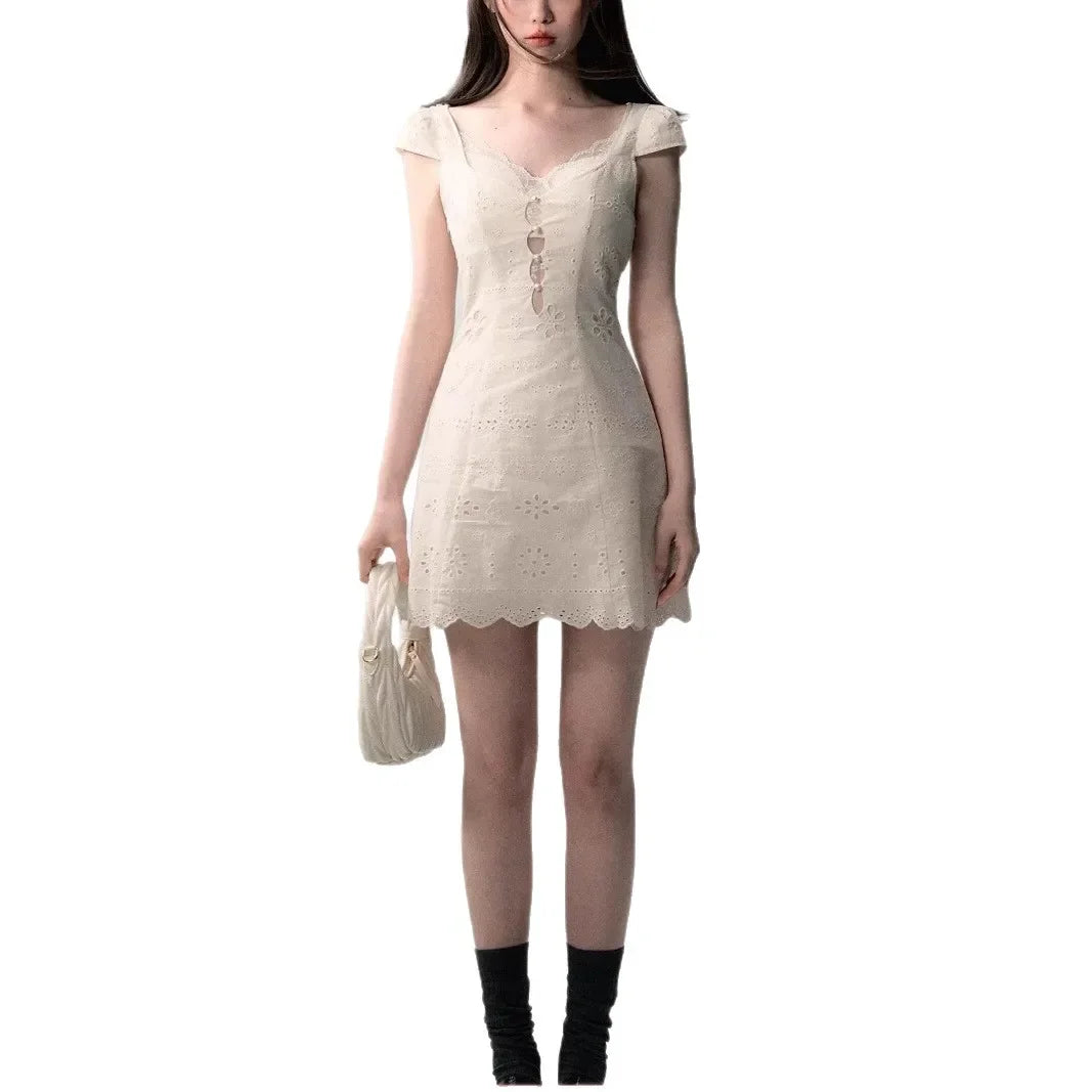 Beige Lace Pointelle Slimming V-Neck Mini Dress