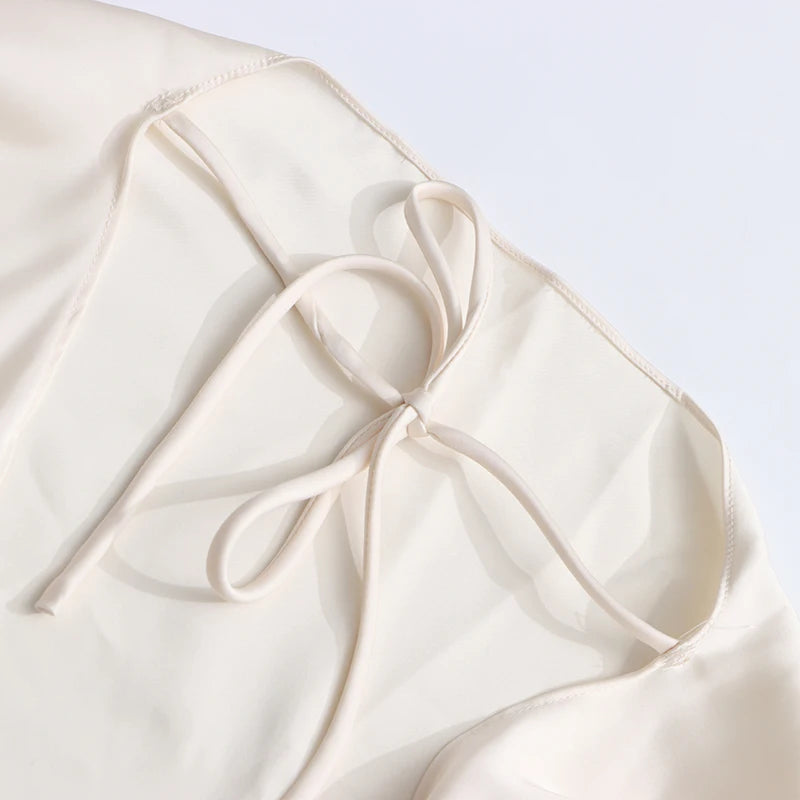 Alouette White Satin Shawl Panel Mini Ruffled Dress