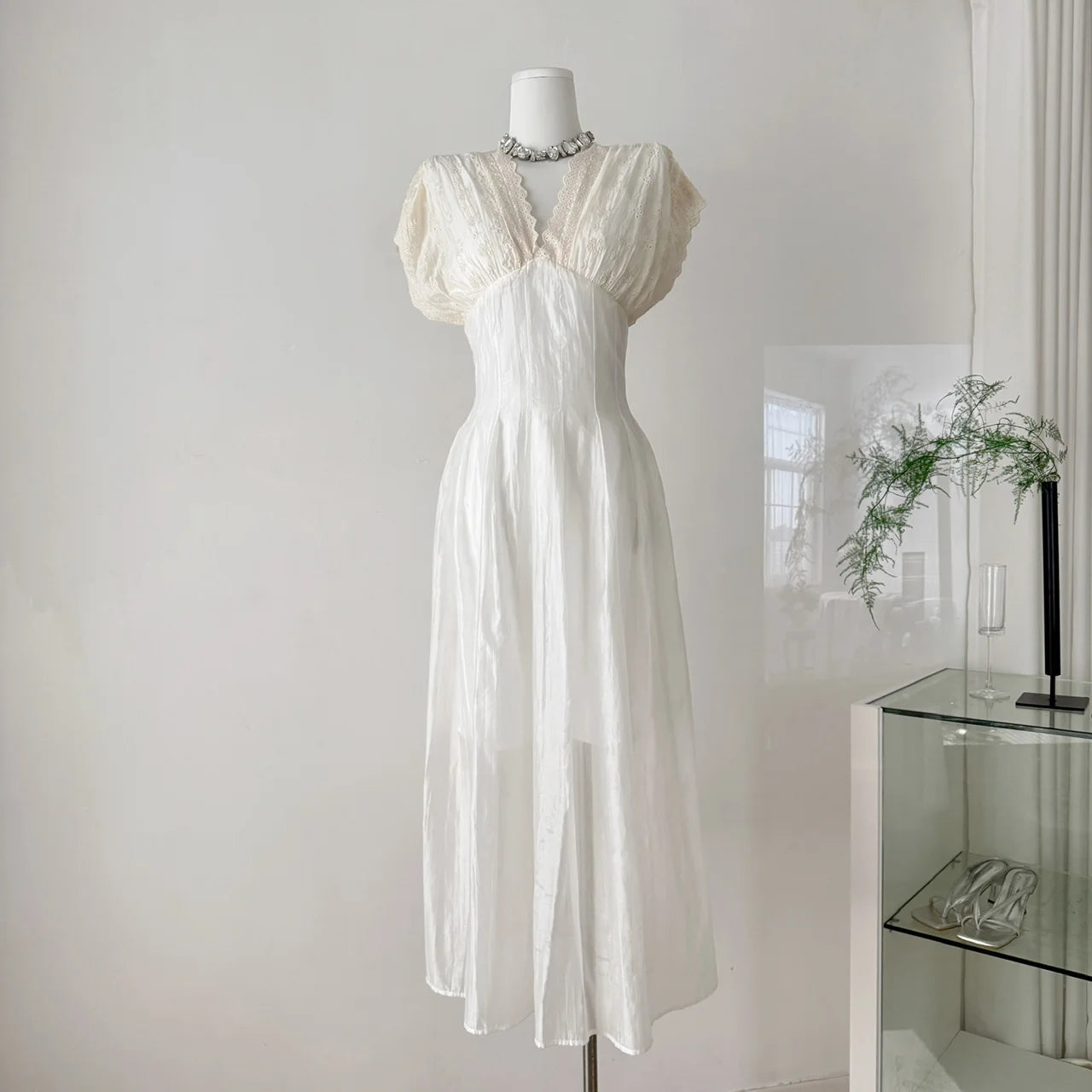  Beige Lace V Neck Long Dress 