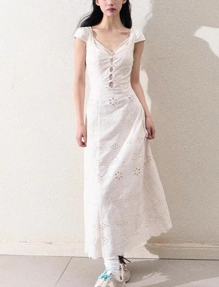 Beige Lace Pointelle Slimming V-Neck Mini Dress