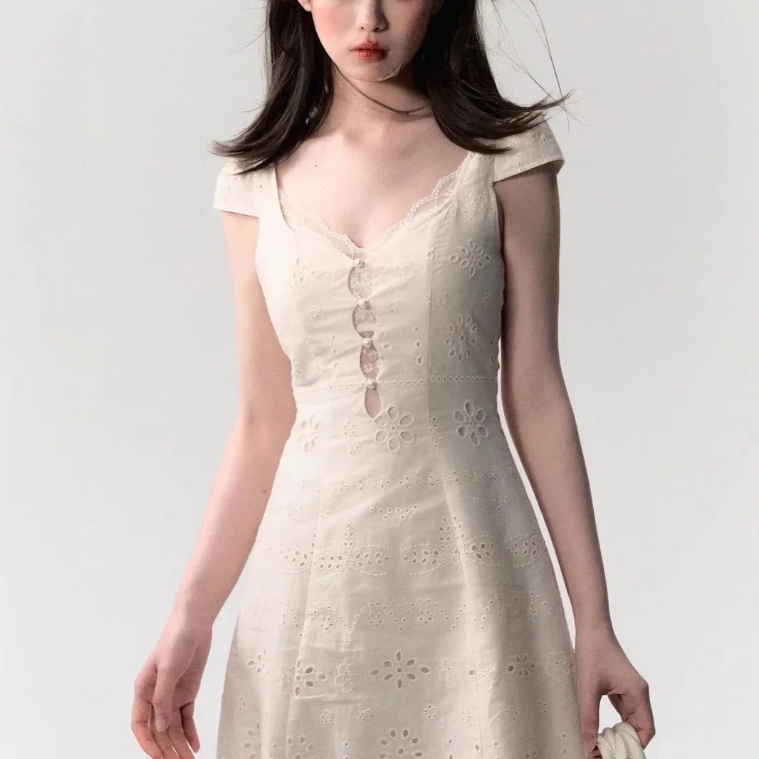 Beige Lace Pointelle Slimming V-Neck Mini Dress