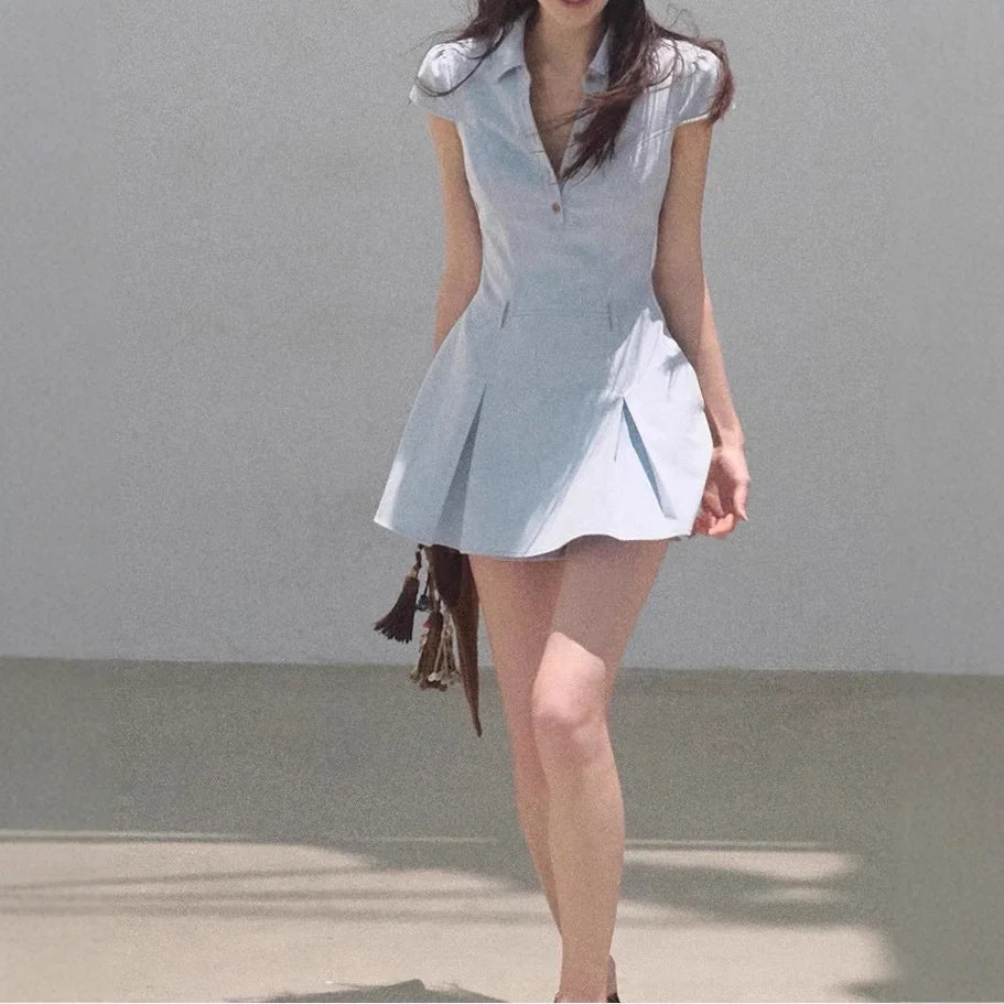 V-Neck Polo Waist-Cinching A- Line Short Skirt Cotton Short Sleeve Dress