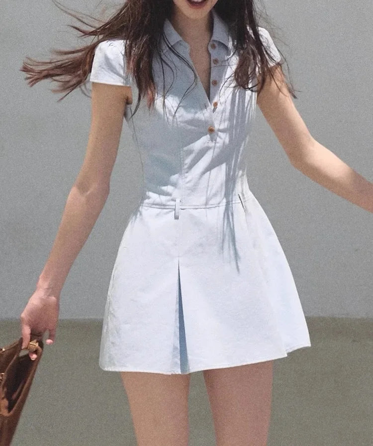 V-Neck Polo Waist-Cinching A- Line Short Skirt Cotton Short Sleeve Dress