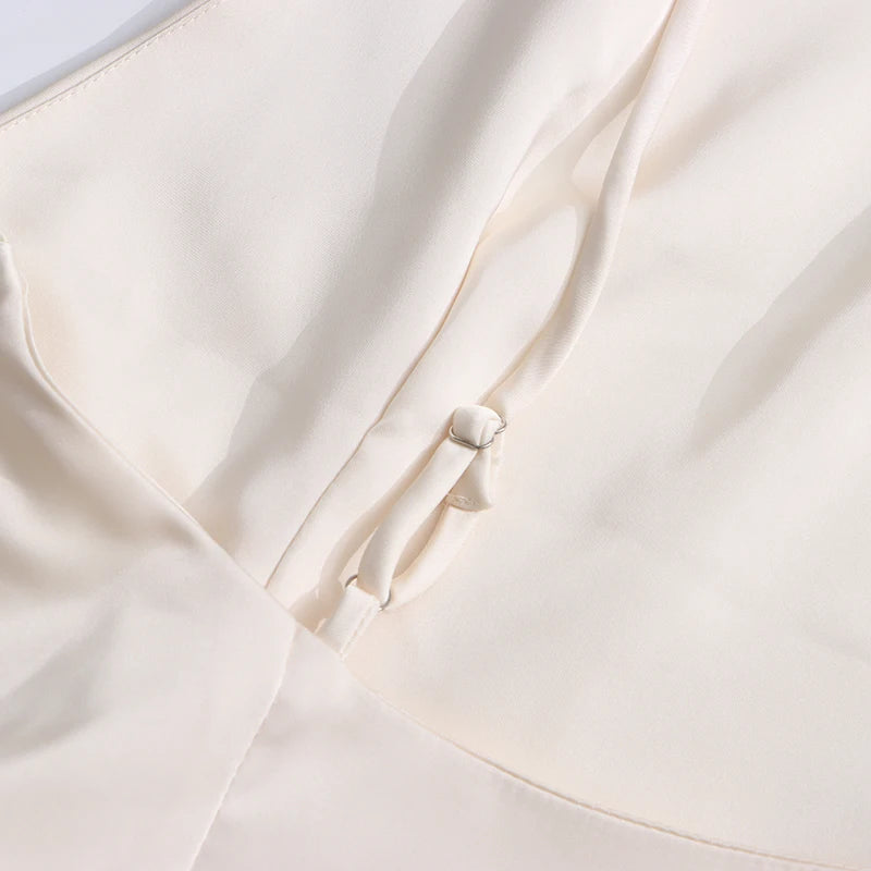 Alouette White Satin Shawl Panel Mini Ruffled Dress