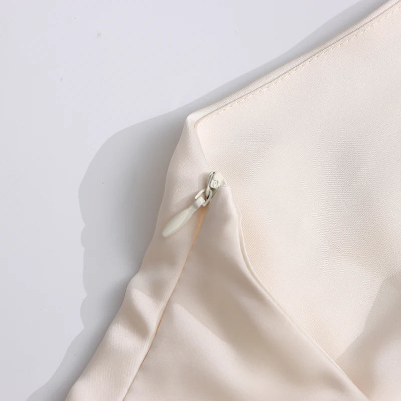 Alouette White Satin Shawl Panel Mini Ruffled Dress