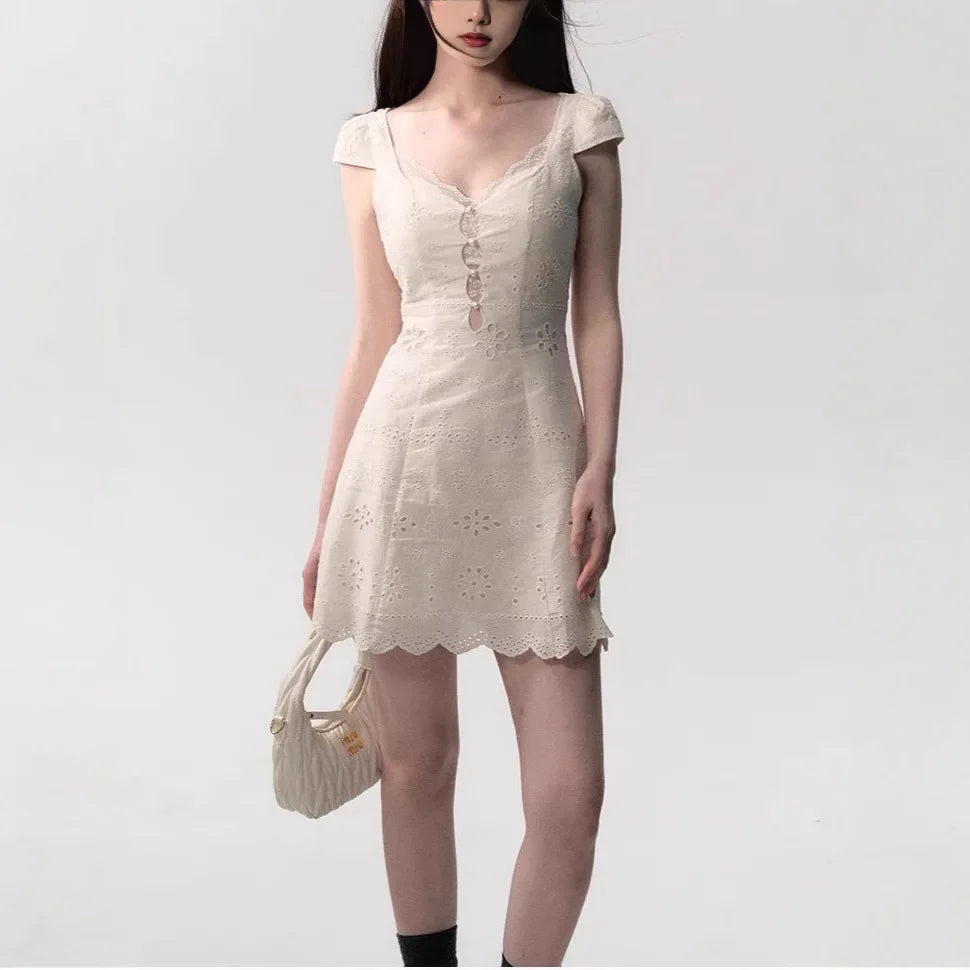 Beige Lace Pointelle Slimming V-Neck Mini Dress