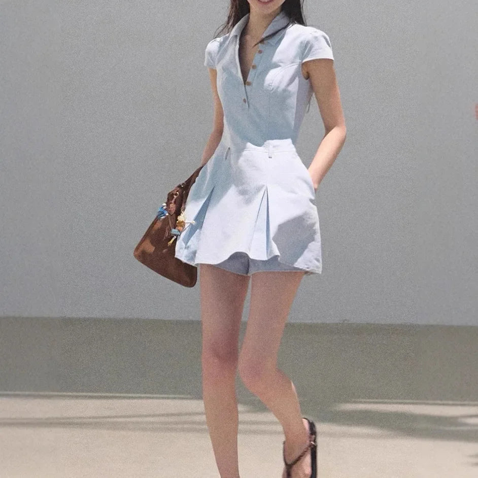 V-Neck Polo Waist-Cinching A- Line Short Skirt Cotton Short Sleeve Dress