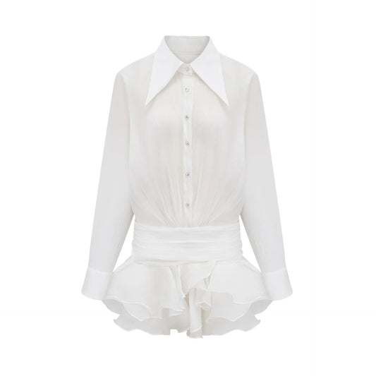 Blanche Volant white ruffled mini shirt dress